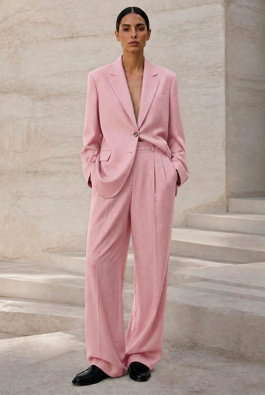 Front full-body view of the UNSTRCT W01 single breasted suit in baby pink