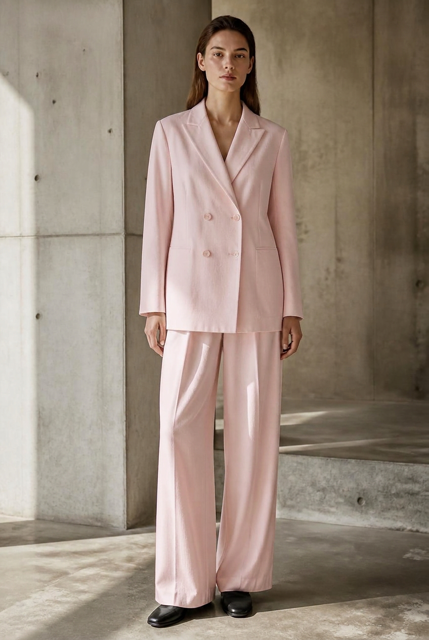 Front full-body view of the UNSTRCT W02 double breasted suit in baby pink