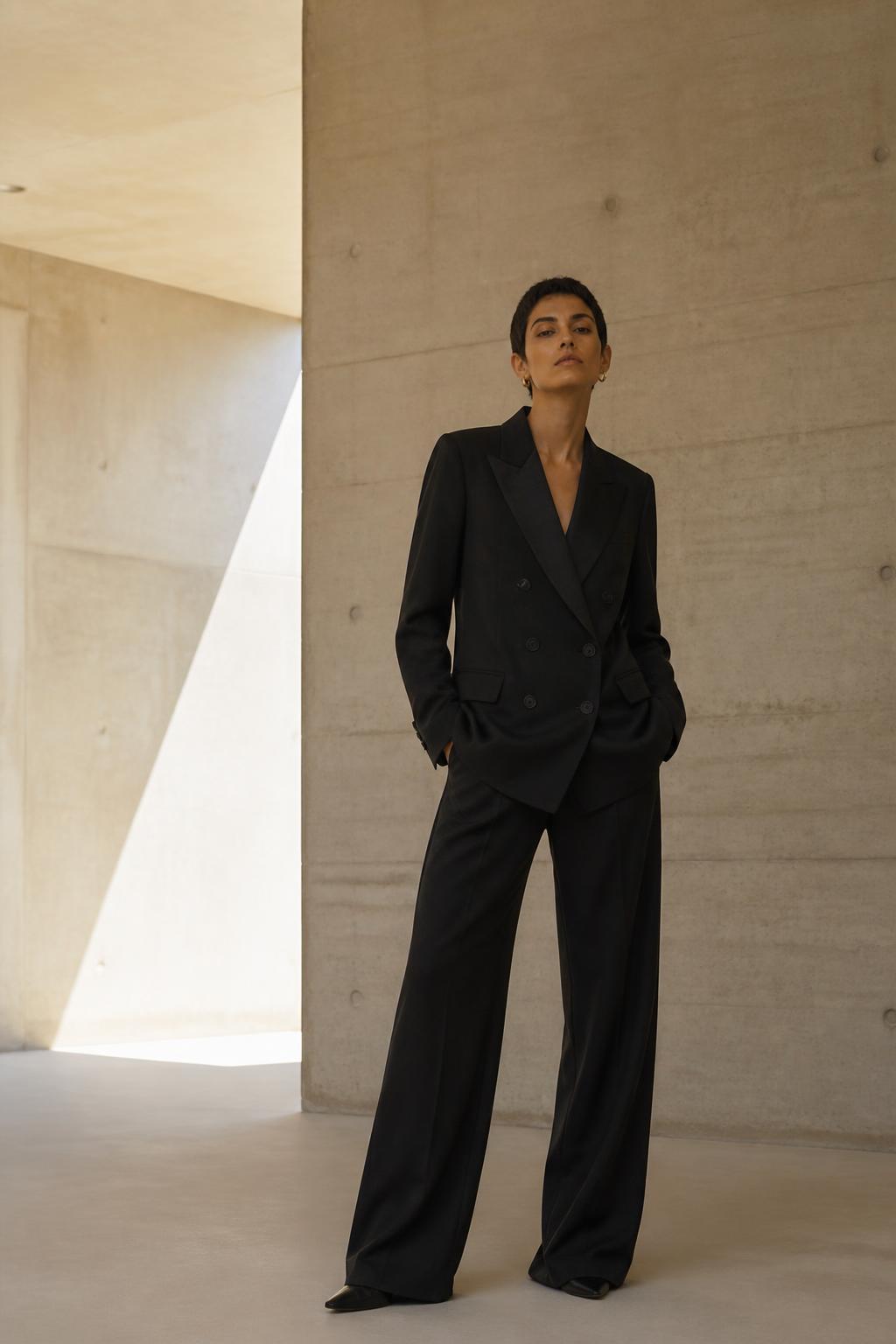 Model moving in the UNSTRCT women's off white double breasted suit