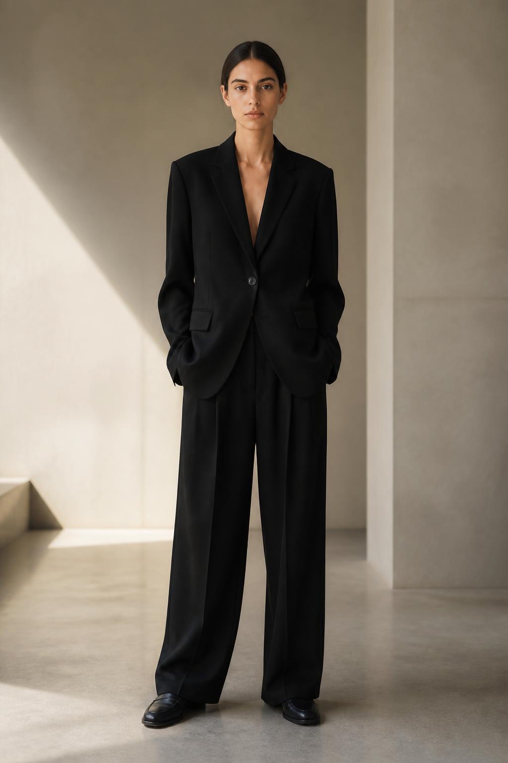 Front full-body view of the UNSTRCT W01 single breasted suit in black