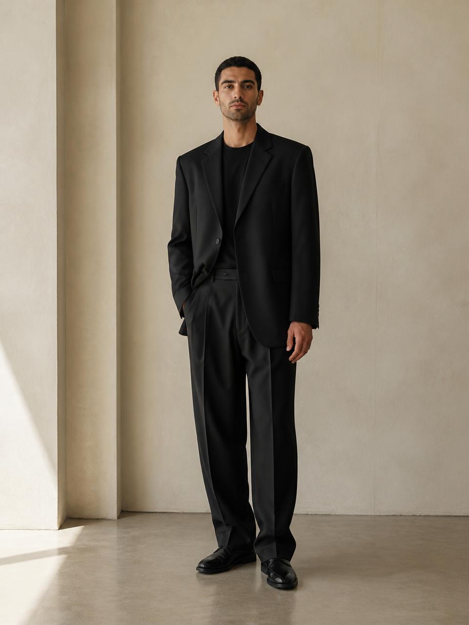 Full length silhouette of the UNSTRCT suit in black