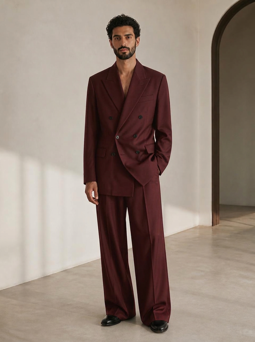 Front full-body view of the UNSTRCT 02 double breasted suit in burgundy