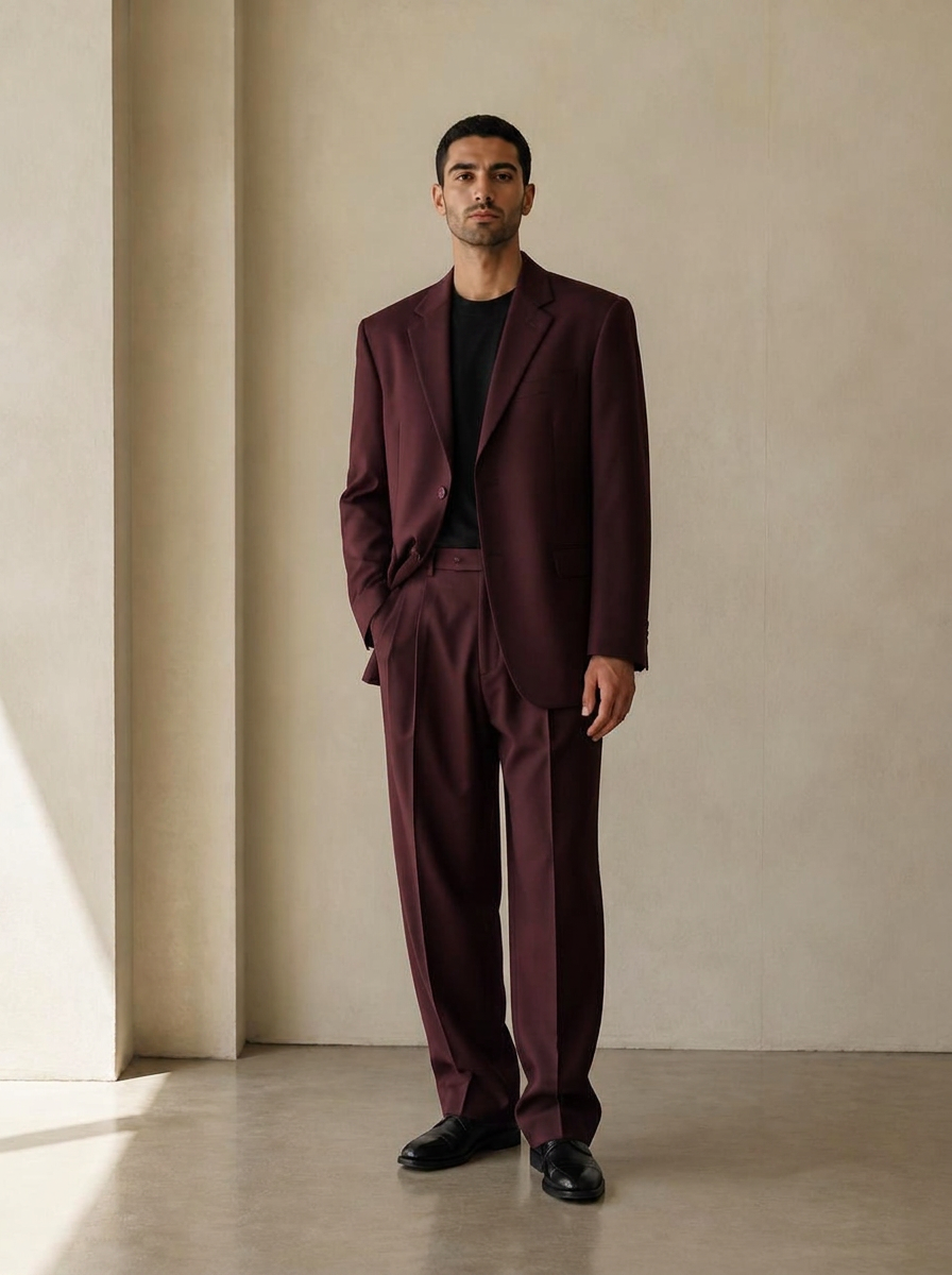 Front full-body view of the UNSTRCT 01 single breasted suit in burgundy