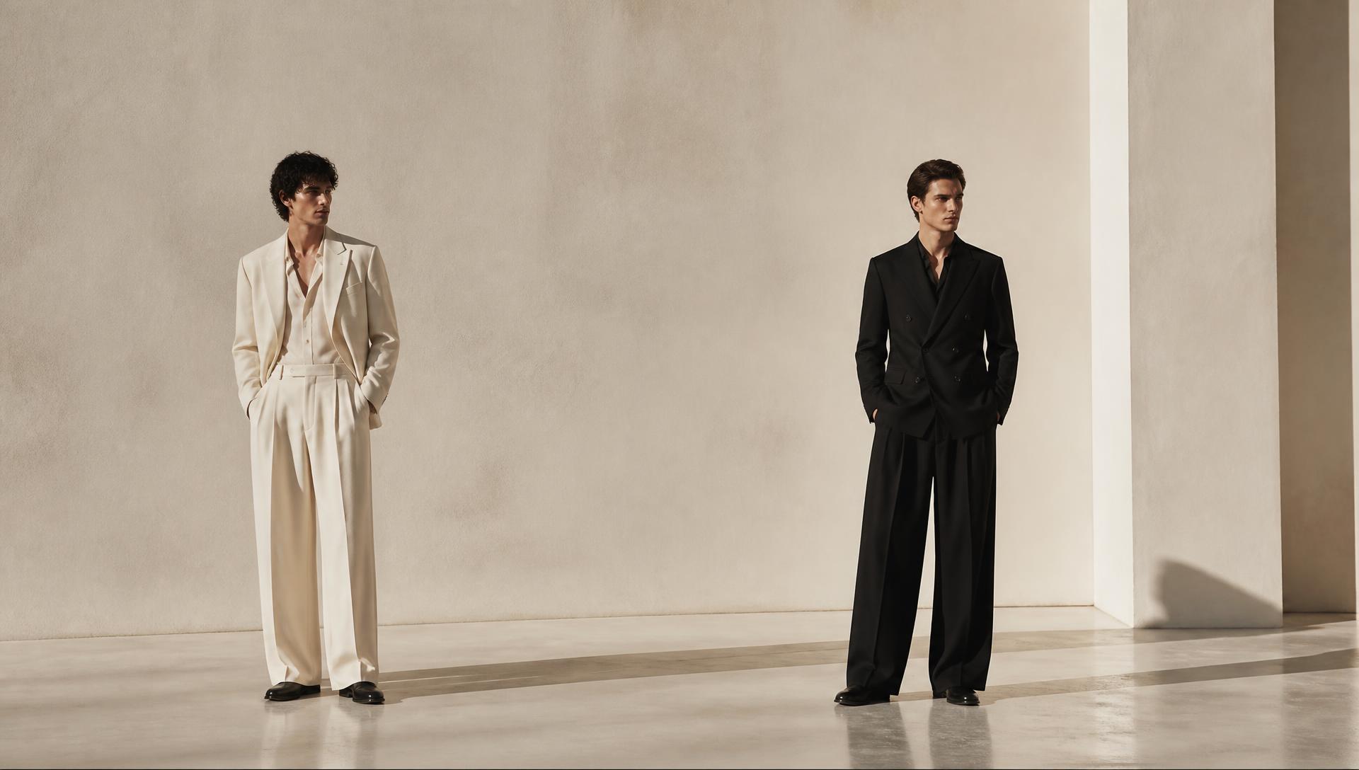 Two models in off white and black UNSTRCT suits in a minimal architectural space