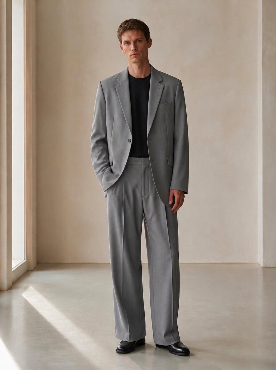 Front full-body view of the UNSTRCT 01 single breasted suit in light grey