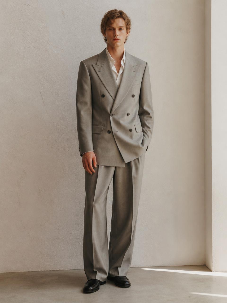 Model in the UNSTRCT 02 light grey double breasted suit