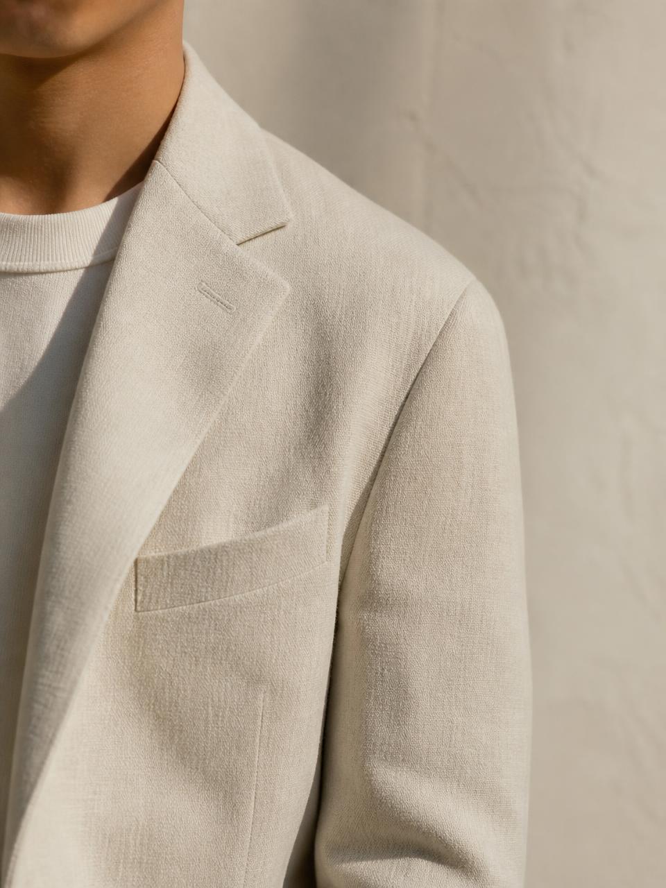 Close detail of an UNSTRCT lapel and shoulder line