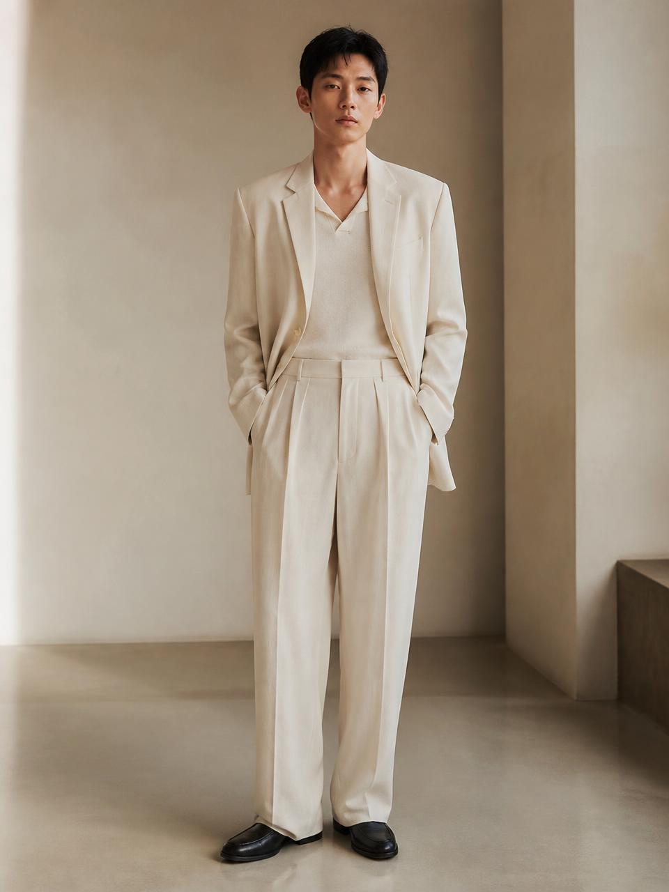 Front full-body view of the UNSTRCT 01 single breasted suit in off white