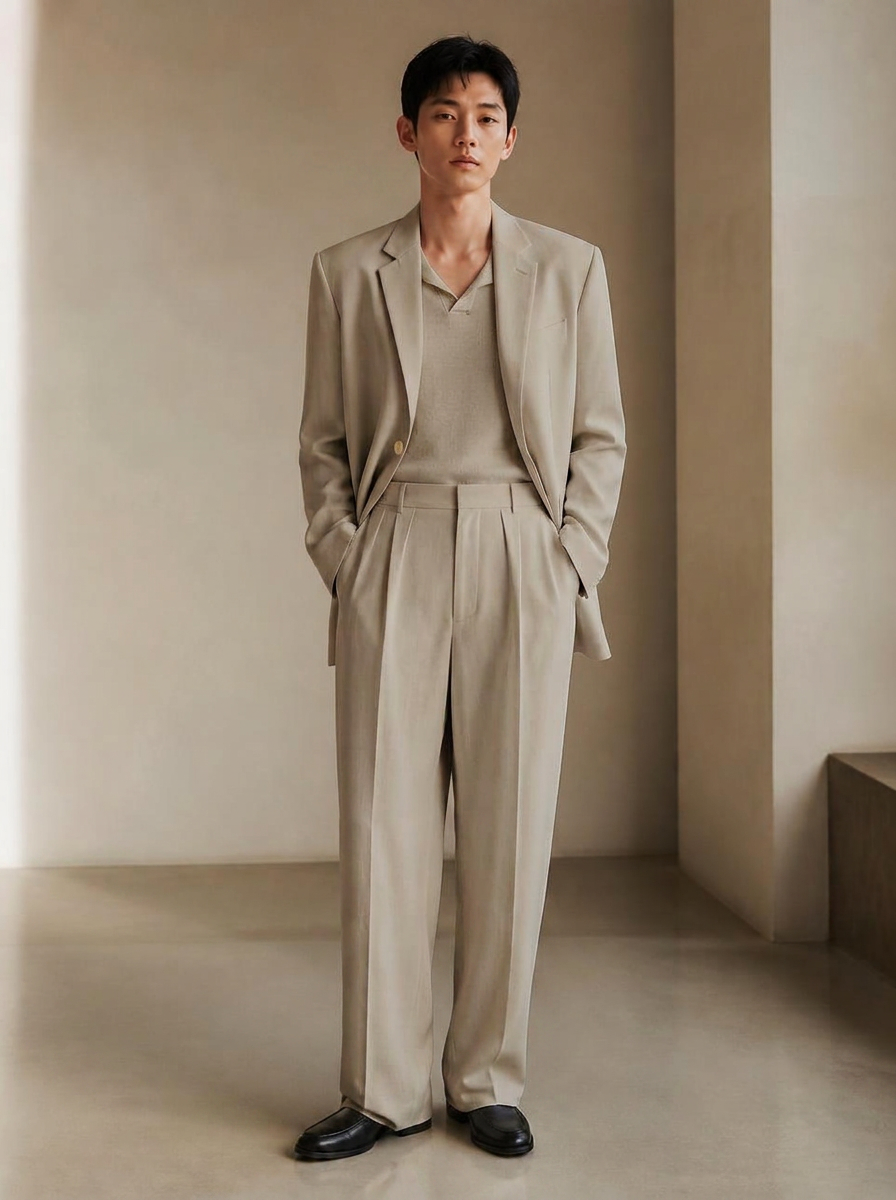 Front full-body view of the UNSTRCT 01 single breasted suit in stone beige