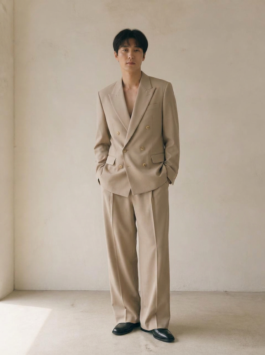 Front full-body view of the UNSTRCT 02 double breasted suit in stone beige